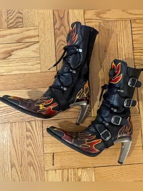 Vintage New Rock Leather Flame Heeled Boots